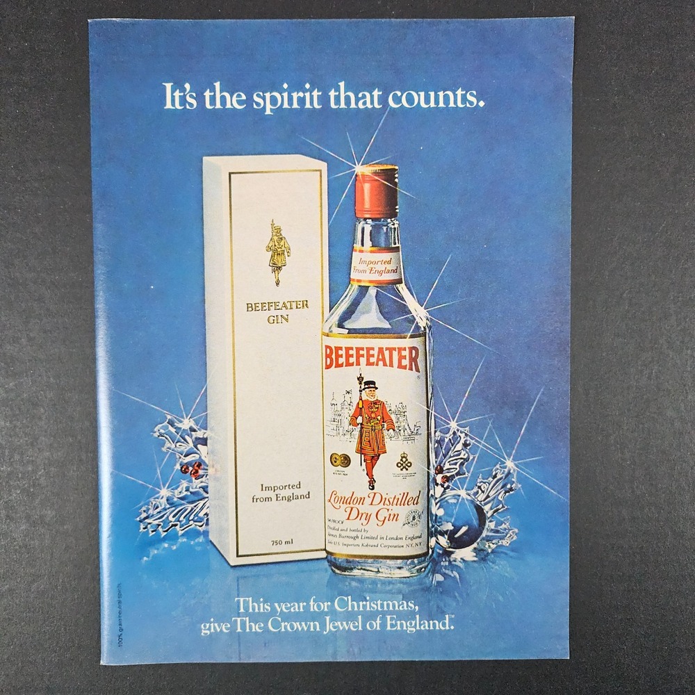 1982 Beefeater London Distilled Dry Gin Vintage Print Ad Holidays Christmas Bar‎
